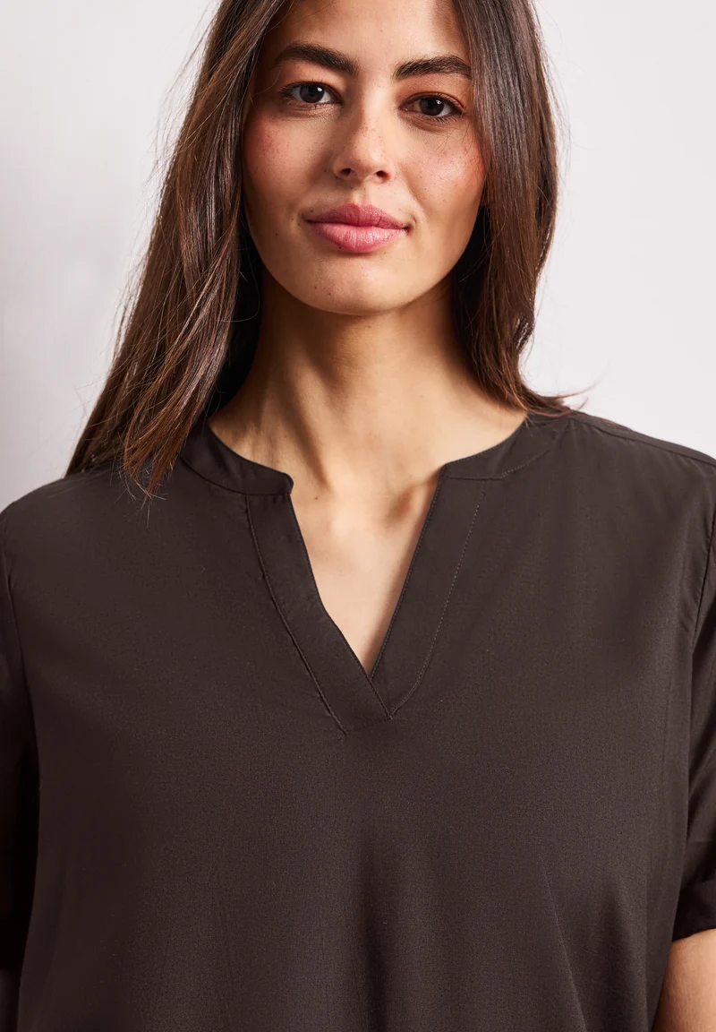 QR Splitneck blouse w turn-up, espresso brown