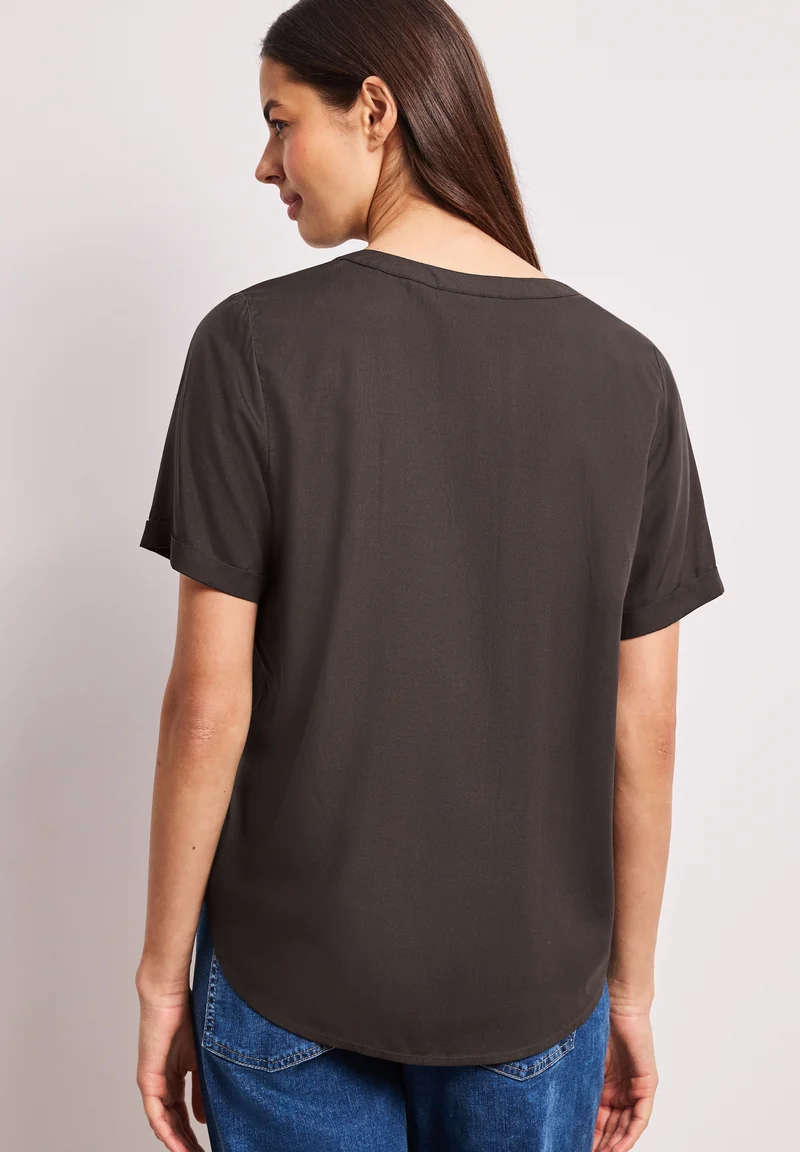 QR Splitneck blouse w turn-up, espresso brown