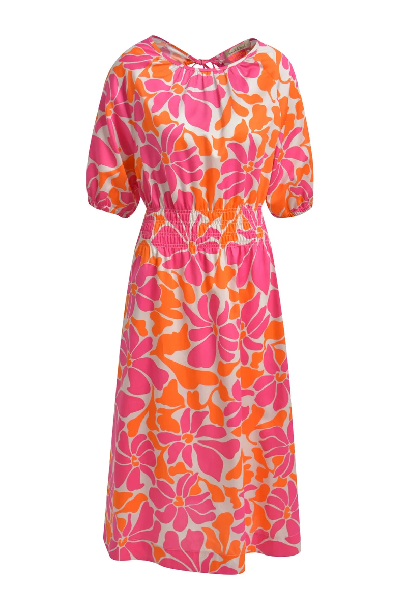 BACK DETAIL ELASTIC WAIST DRESS, HOT ORANGE PRINT