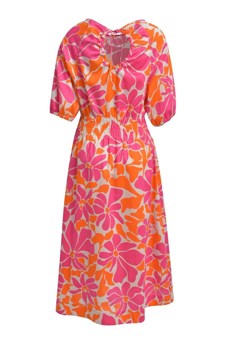 BACK DETAIL ELASTIC WAIST DRESS, HOT ORANGE PRINT