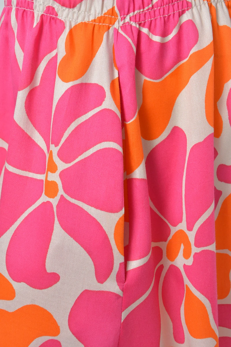BACK DETAIL ELASTIC WAIST DRESS, HOT ORANGE PRINT