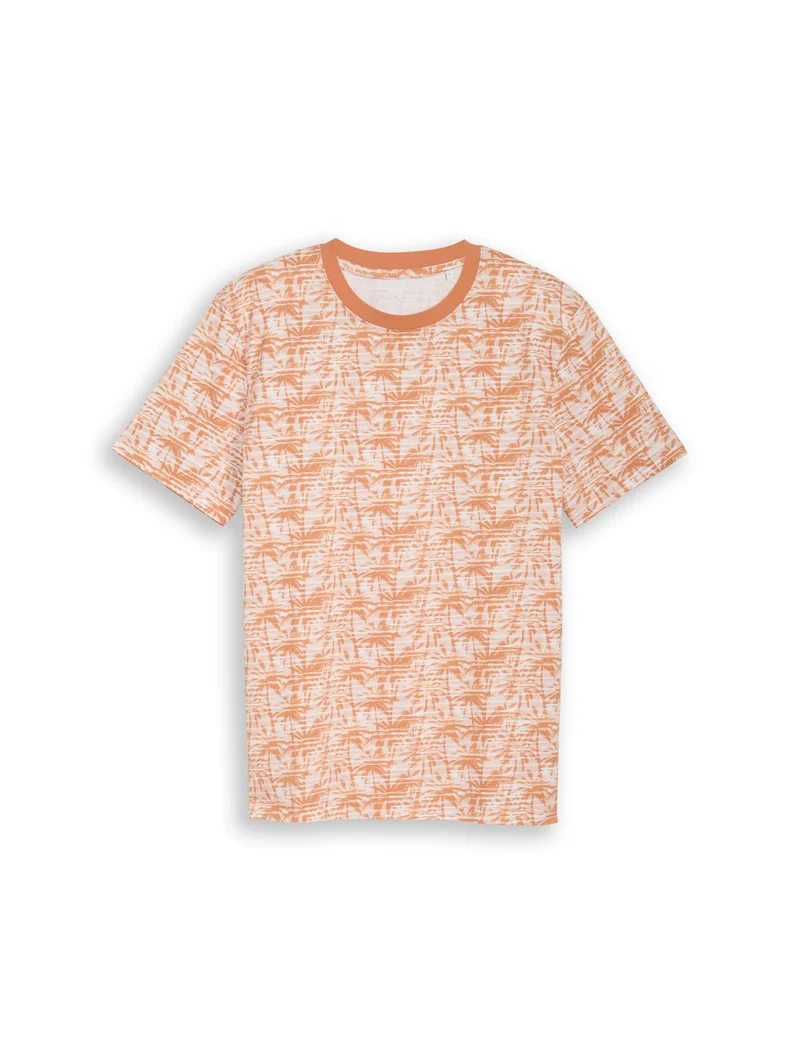 allover printed t-shirt, orange stripy palm print
