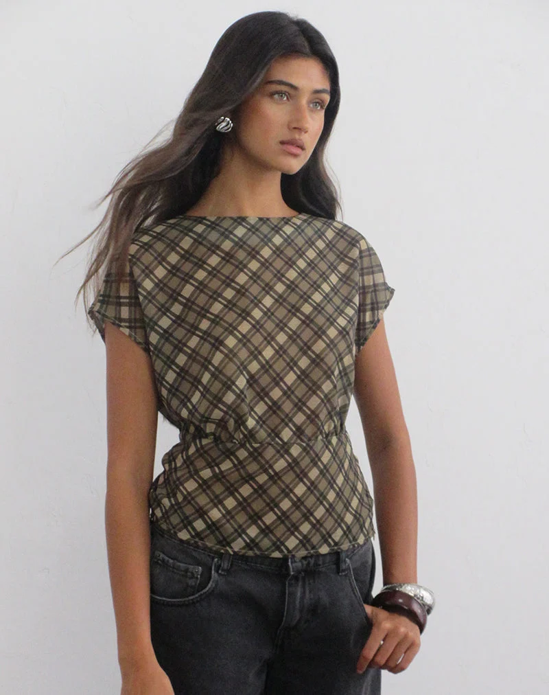 Zayla-Oberteil aus Chiffon mit Vintage-Karo-Muster in Olivgrün