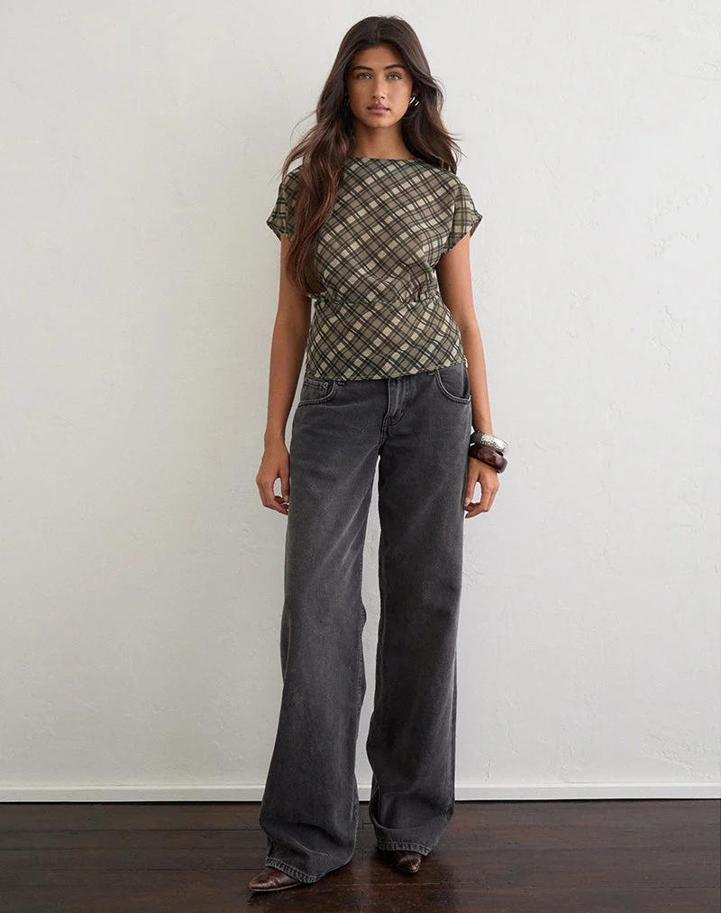 Zayla-Oberteil aus Chiffon mit Vintage-Karo-Muster in Olivgrün