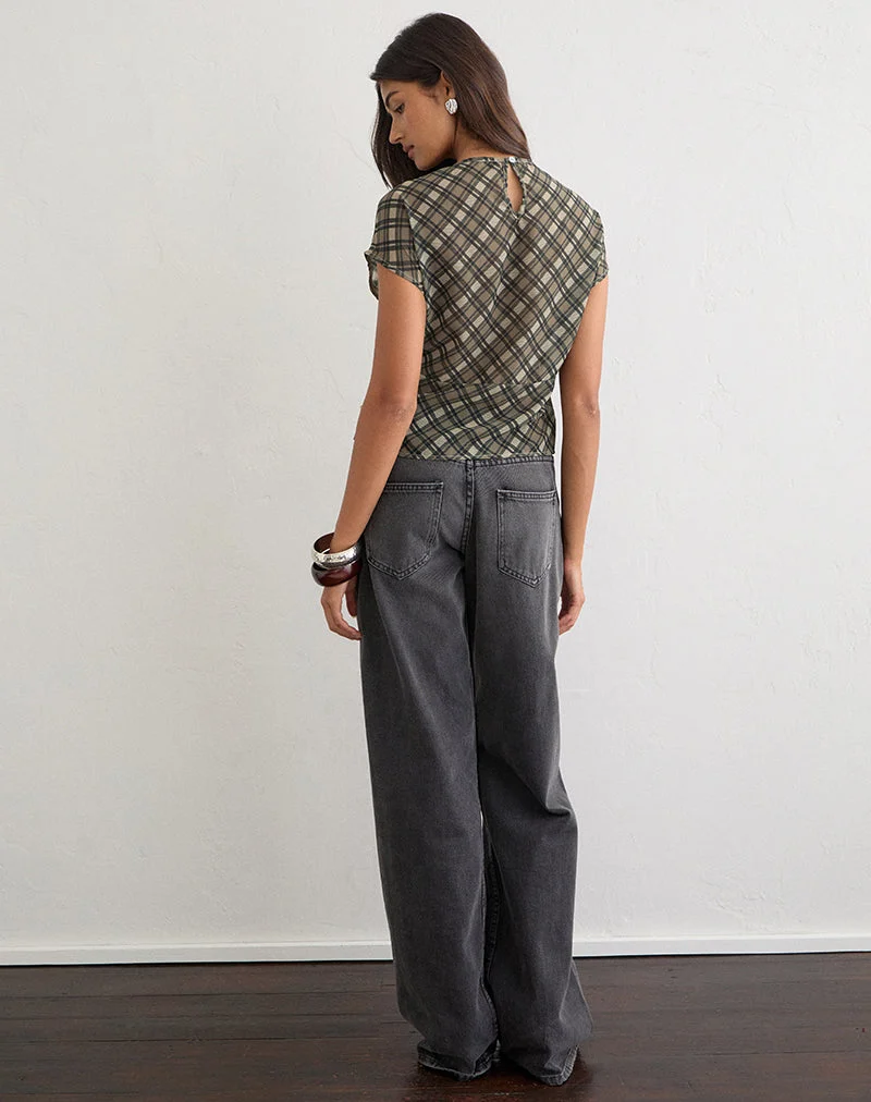 Zayla-Oberteil aus Chiffon mit Vintage-Karo-Muster in Olivgrün