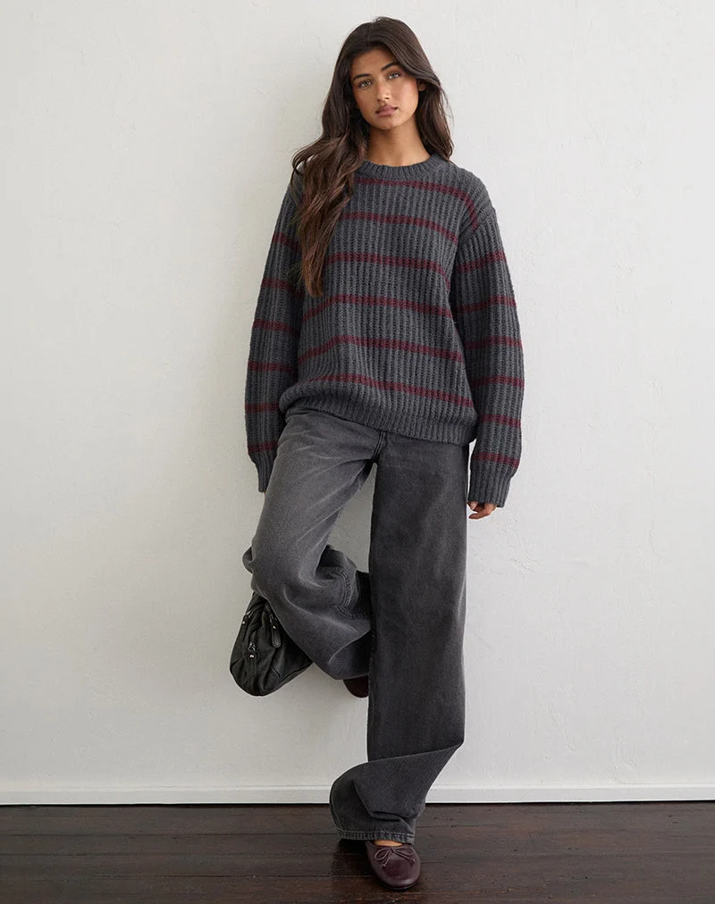 Namirta-Pullover in Grau mit Streifen in den Farben „Raven“ und „Raspberry“