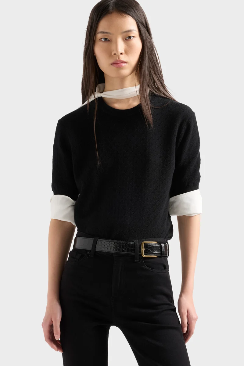 CREWNECK POINTELLE SWEATER in Cashmere Coal