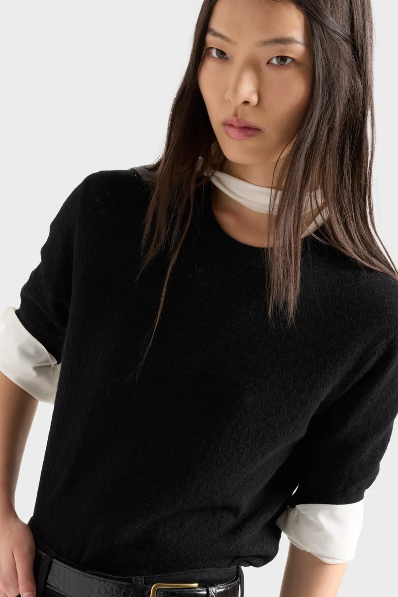 CREWNECK POINTELLE SWEATER in Cashmere Coal