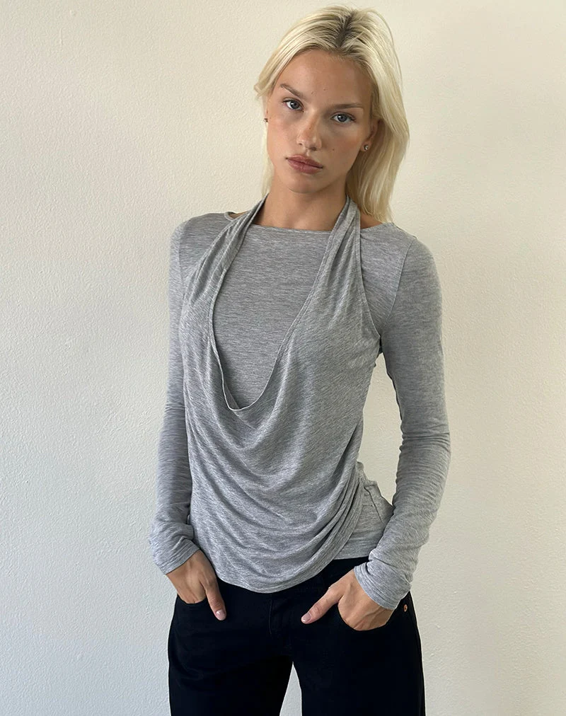 Miri Langarm-Haltertop mit Cowl-Ausschnitt in Jersey-Grau