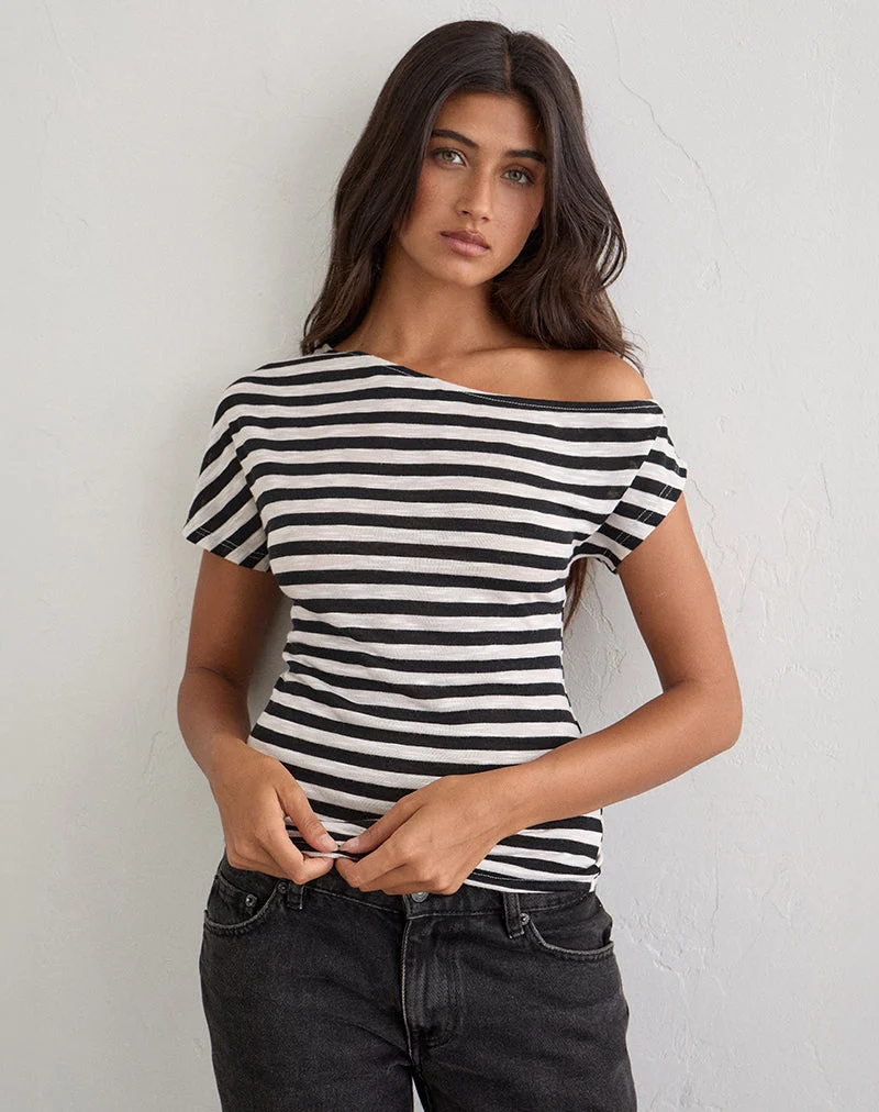 Danama One-Shoulder-Top aus transparentem Jersey mit schwarz-weißen Streifen
