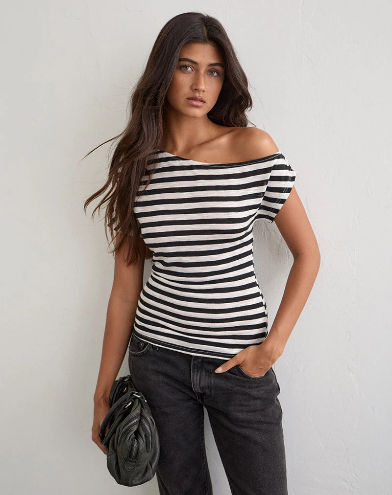 Danama One-Shoulder-Top aus transparentem Jersey mit schwarz-weißen Streifen