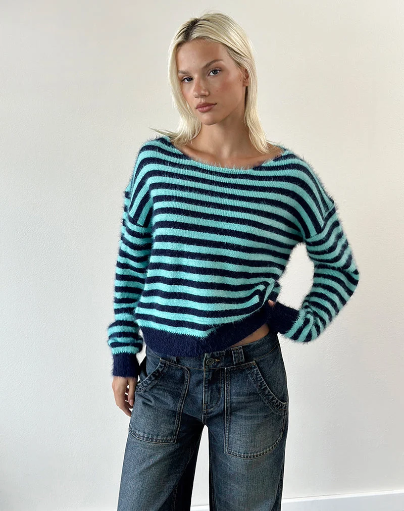 Zalo-Pullover aus Strick mit Streifen in Hellblau und Marineblau