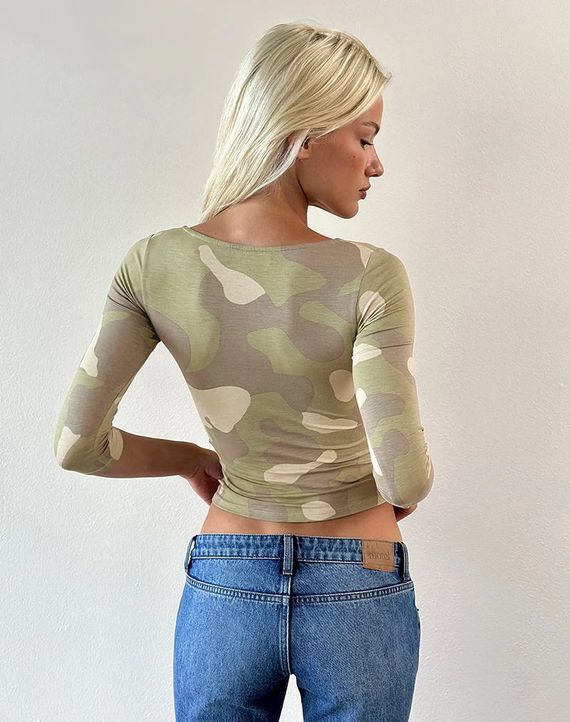 Ciel Deep-V-Top in Blurry Camo Khaki