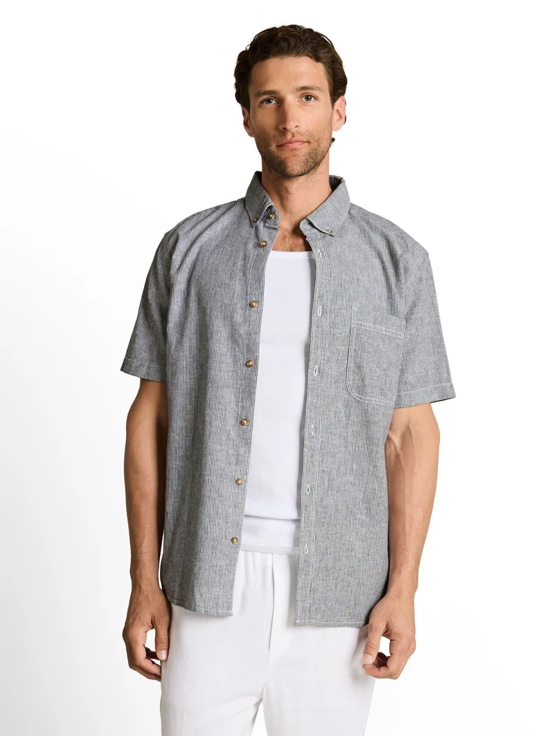 cotton linen shirt, navy white small stripe