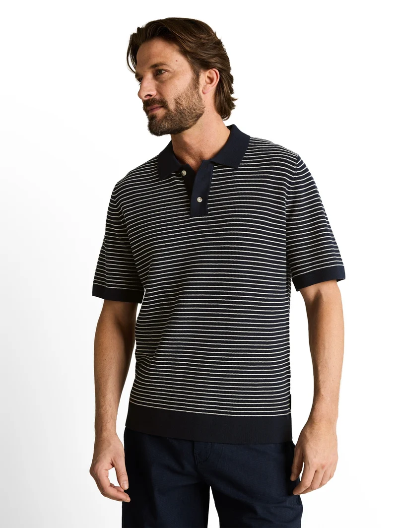 structured stripe knit polo, navy offwhite stripe