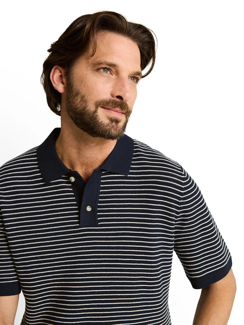 structured stripe knit polo, navy offwhite stripe