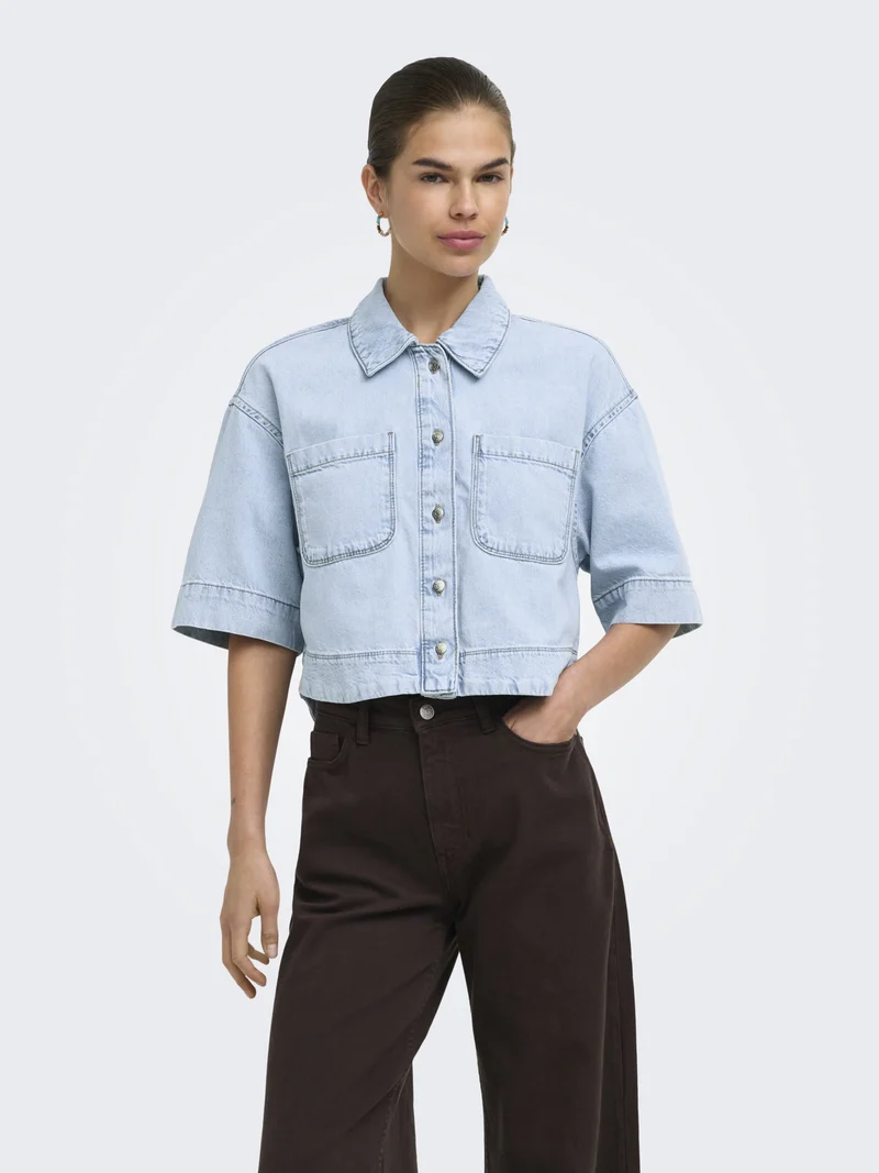 ONLCLEO LIFE SS CROP DNM SHIRT PIM, Light Blue Denim