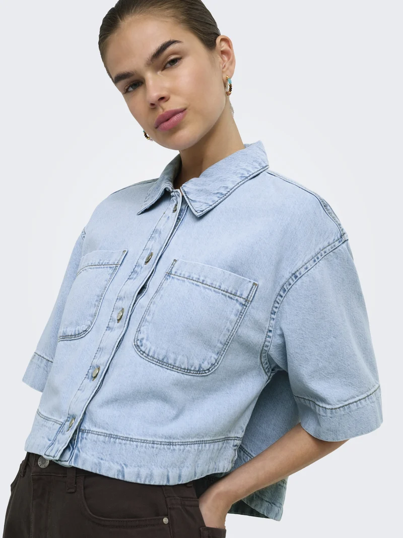 ONLCLEO LIFE SS CROP DNM SHIRT PIM, Light Blue Denim