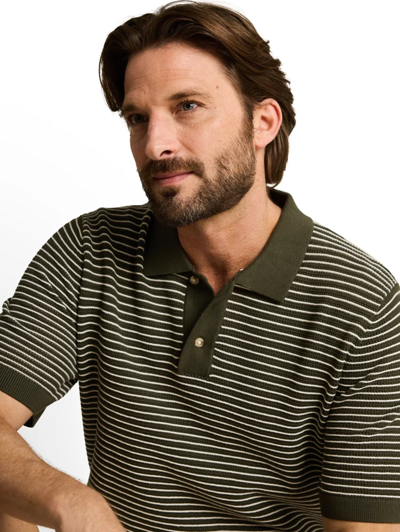 structured stripe knit polo, leaf green offwhite stripe