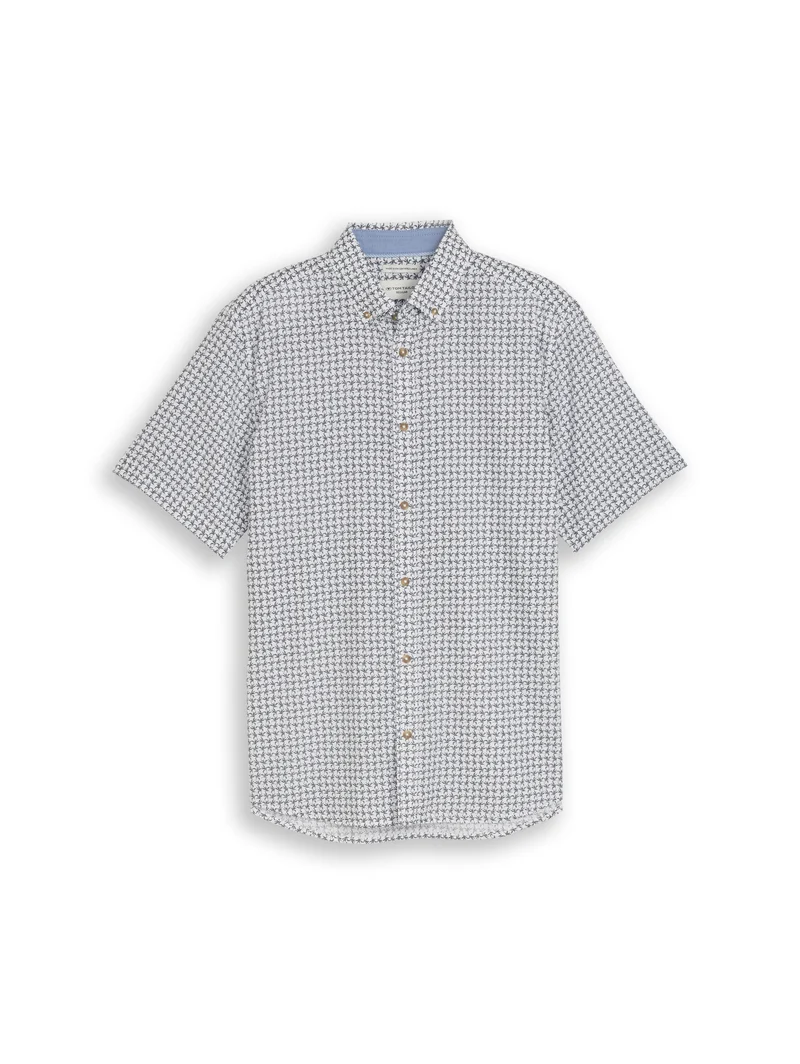 printed cotton linen shirt, white navy small leaf design