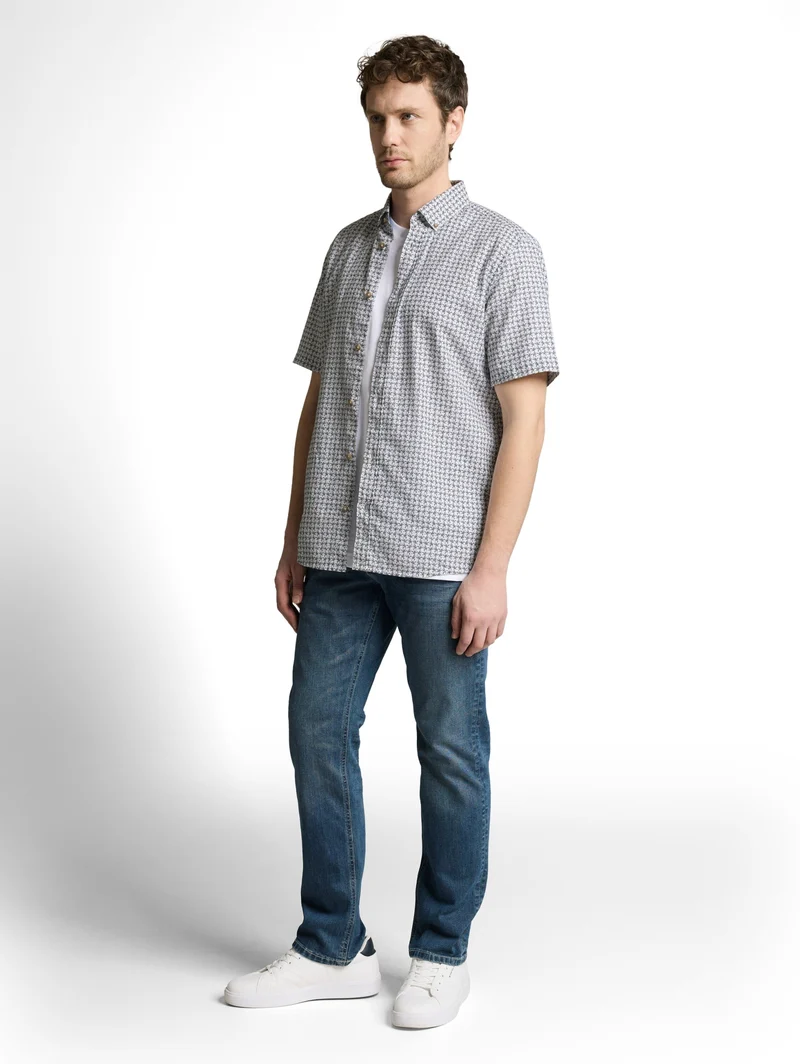 printed cotton linen shirt, white navy small leaf design