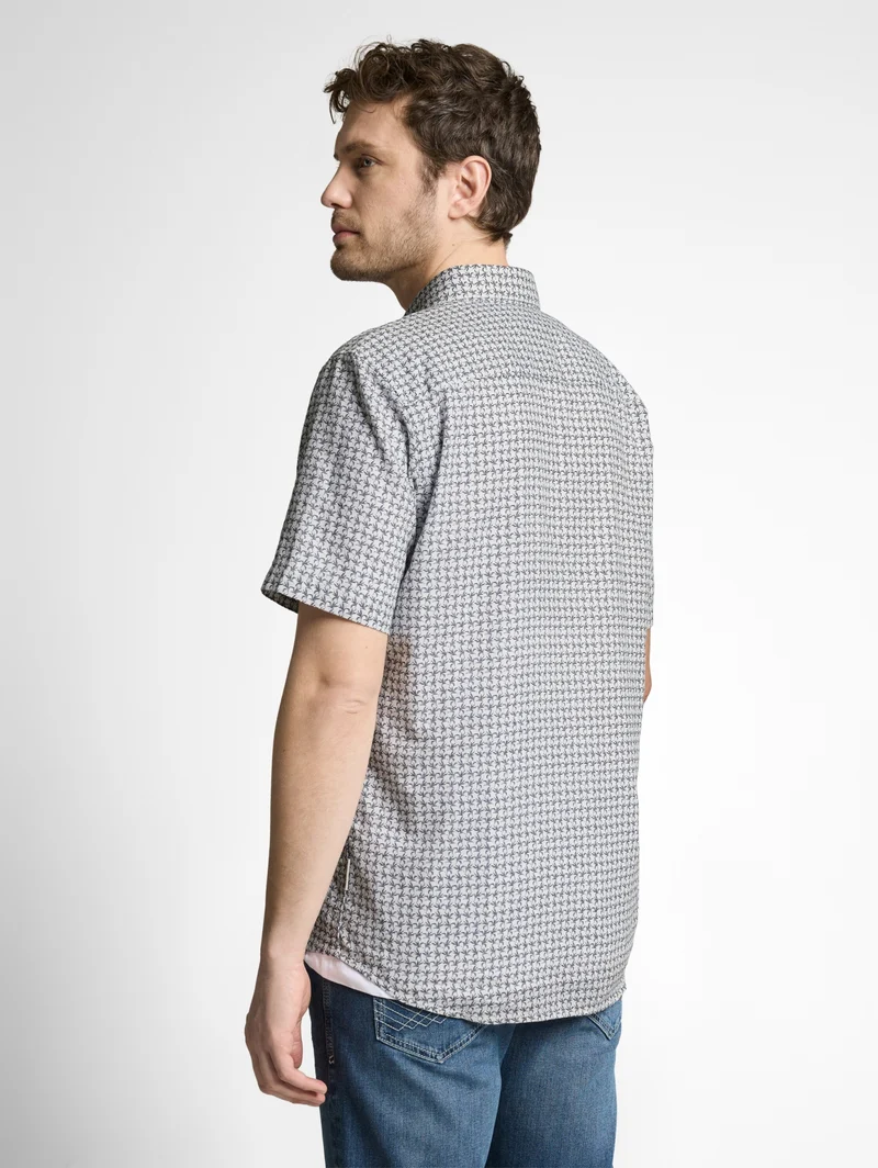 printed cotton linen shirt, white navy small leaf design