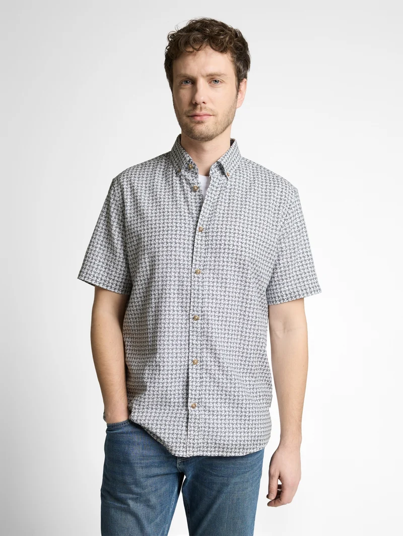 printed cotton linen shirt, white navy small leaf design