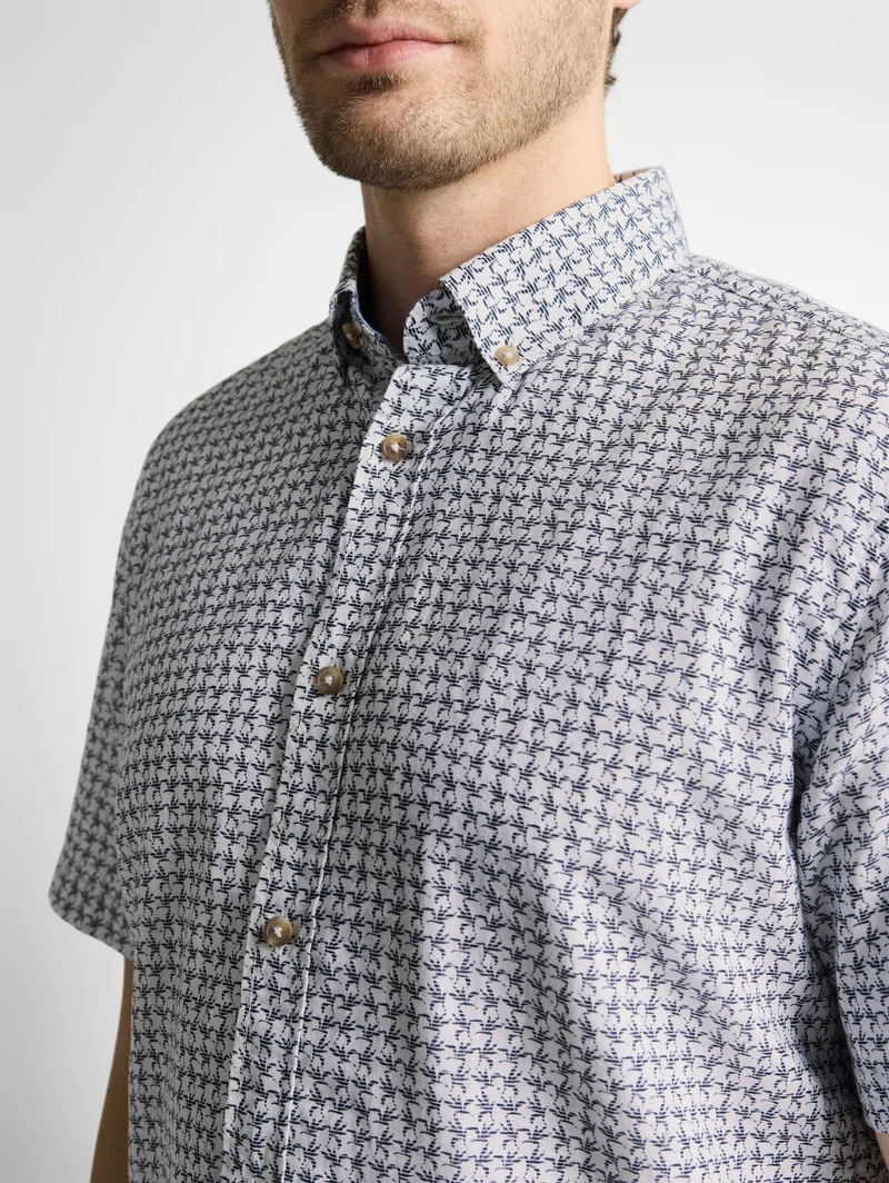 printed cotton linen shirt, white navy small leaf design
