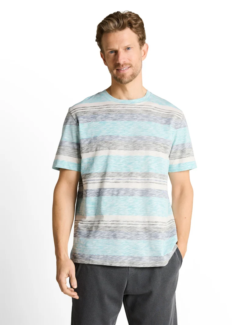 inside printed stripe t-shirt, river teal multi color stripe