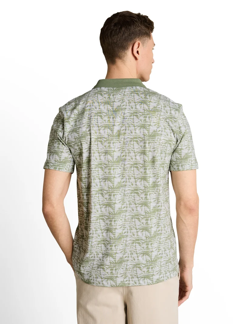 allover printed polo, sea spray stripy palm print