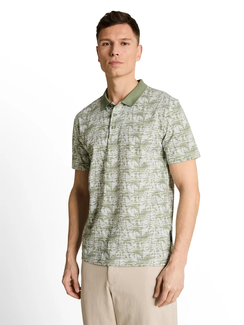 allover printed polo, sea spray stripy palm print