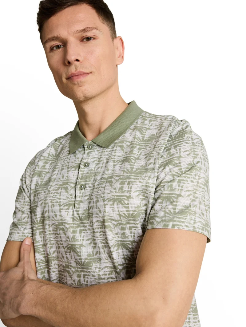 allover printed polo, sea spray stripy palm print
