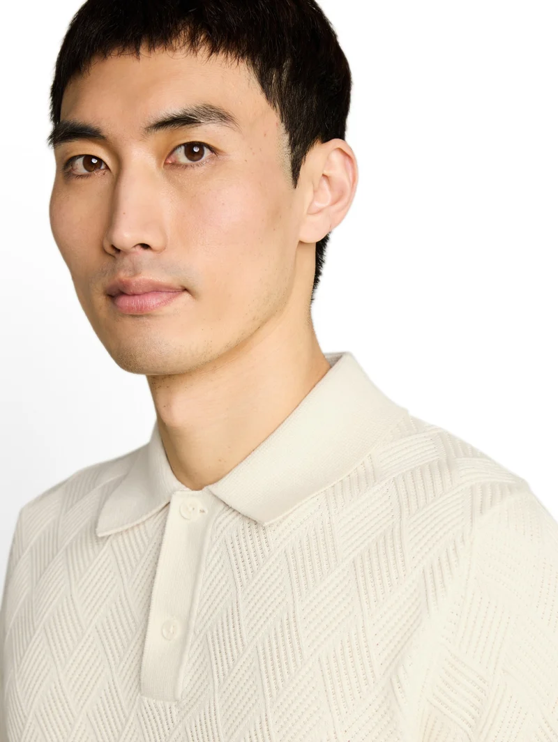 open structure knit polo, Gardenia White