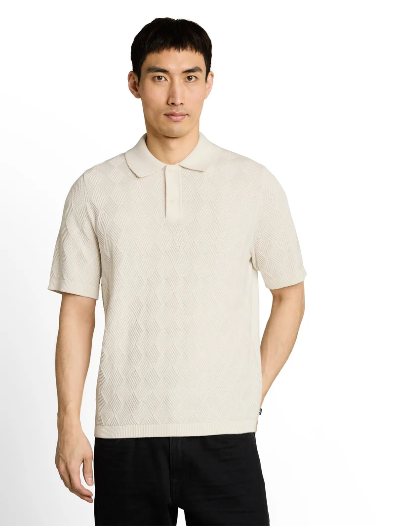 open structure knit polo, Gardenia White