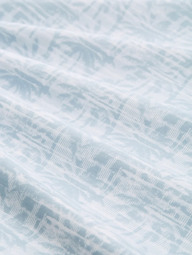 allover printed polo, light blue stripy palm print