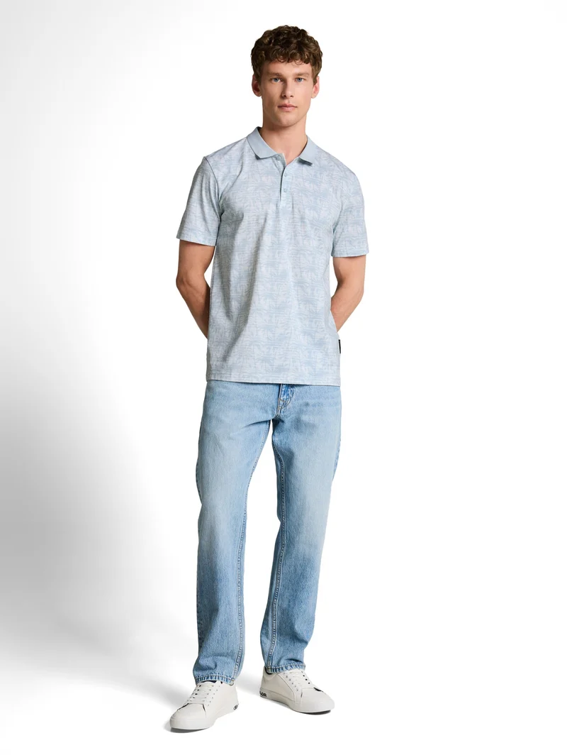 allover printed polo, light blue stripy palm print