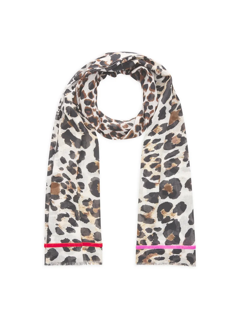 PRINTED SCARF COTTON LEO WITH VELVET TAPE braun-50X180CM, braun