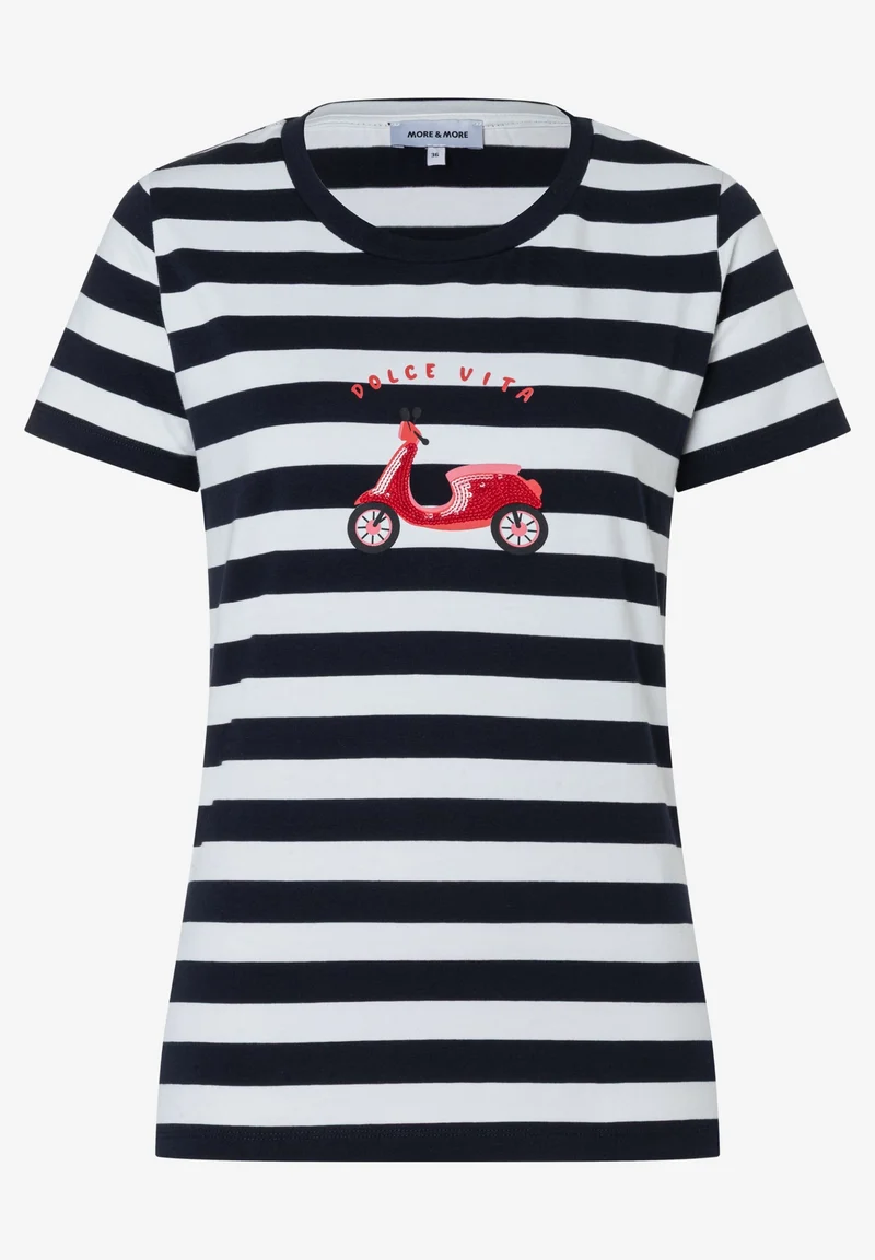 T-Shirt with Placement Print, marine offwhite regular stripe jers