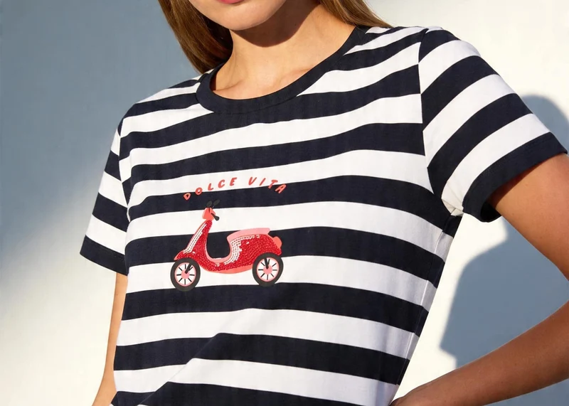 T-Shirt with Placement Print, marine offwhite regular stripe jers