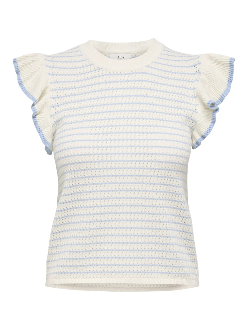 JDYCARICE S/L FRILL PULLOVER KNT NO, Cloud Dancer/W. POWDER BLUE STRUCTU