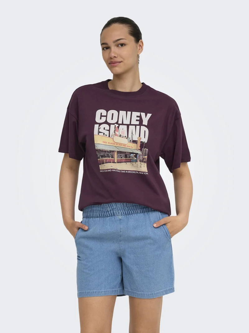 ONLMILA S/S PRINT BOX JRS, Grape Wine/Mila coney island front