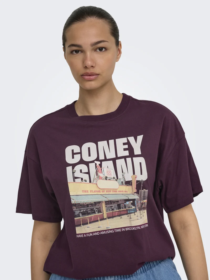 ONLMILA S/S PRINT BOX JRS, Grape Wine/Mila coney island front