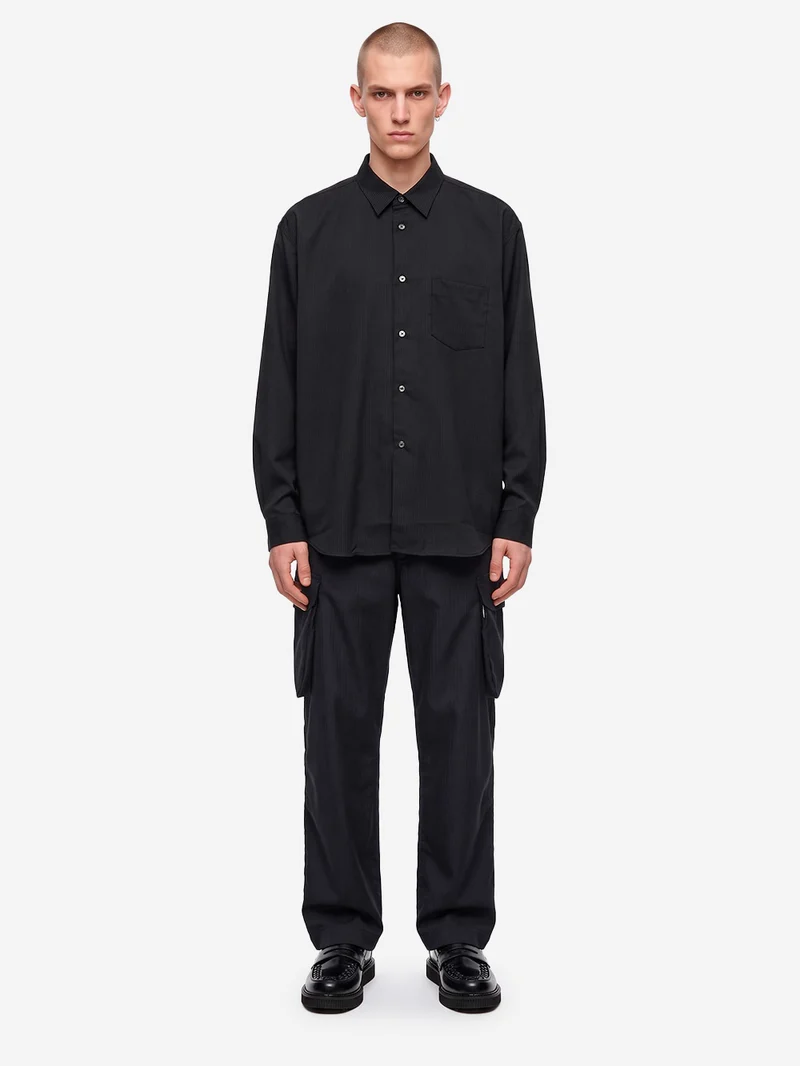 Camicia in misto lana nera con texture a righe