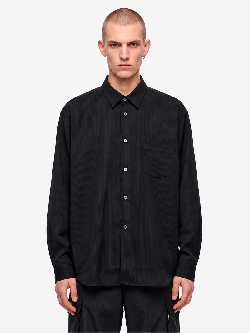 Camicia in misto lana nera con texture a righe