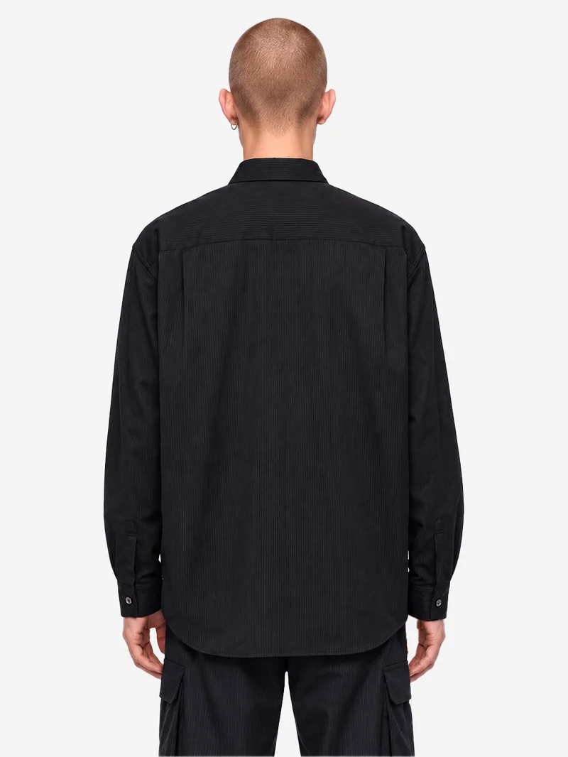 Camicia in misto lana nera con texture a righe