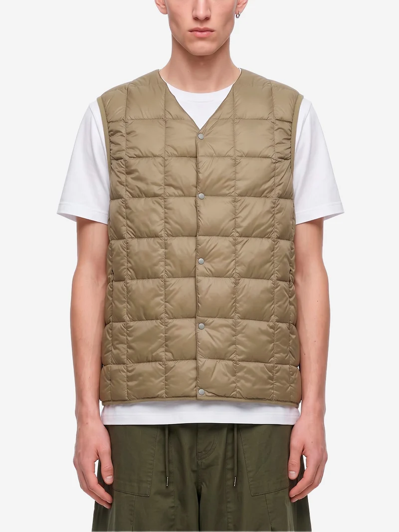 Gilet khaki imbottito in piuma con scollo a V