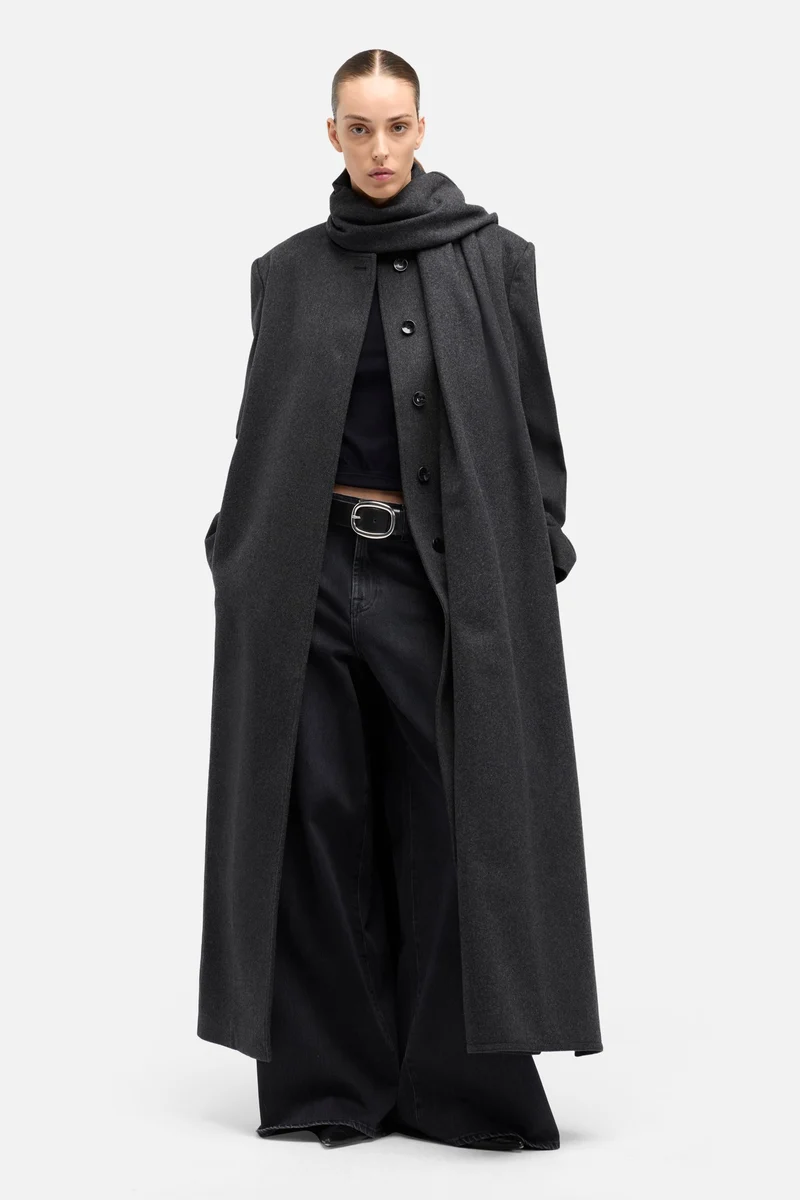 Wool Cashmere Scarf Coat in Dark Grey