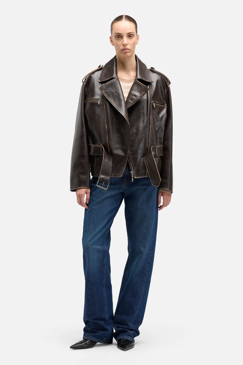 Leather Biker Jacket in Vintage Brown