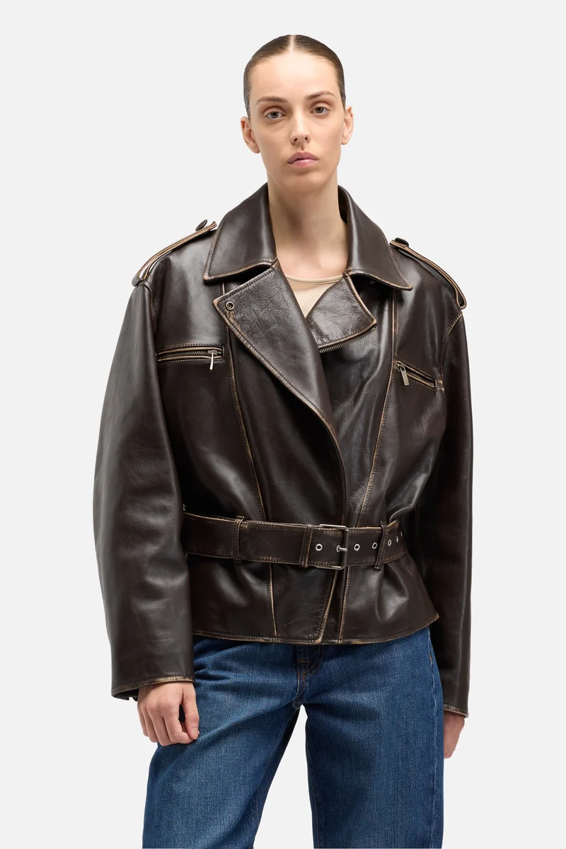 Leather Biker Jacket in Vintage Brown
