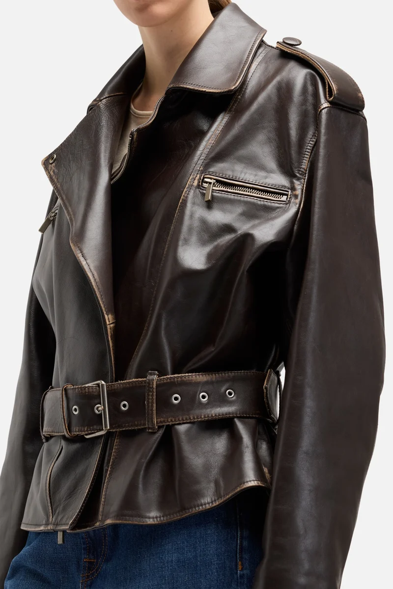 Leather Biker Jacket in Vintage Brown